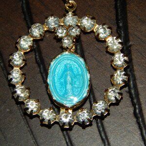 Blessed Mother Virgin Mary Turquoise Miraculous Medal Pendant Necklace Rhineston